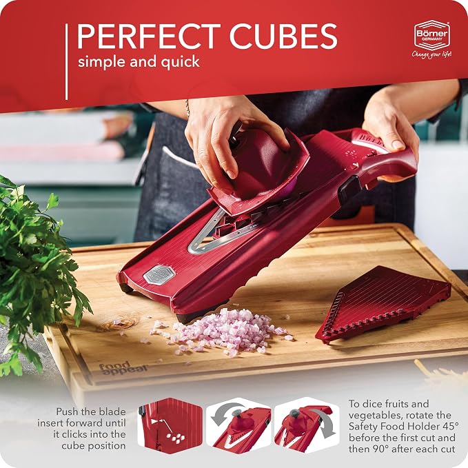 Börner Mandoline Slicer V5 (Professional Set) • Adjustable Vegetable Slicer (7-piece) • 10 Cutting Styles • Kitchen Slicer incl. Docking Station • Stainless Steel V-Blade • Color: Red