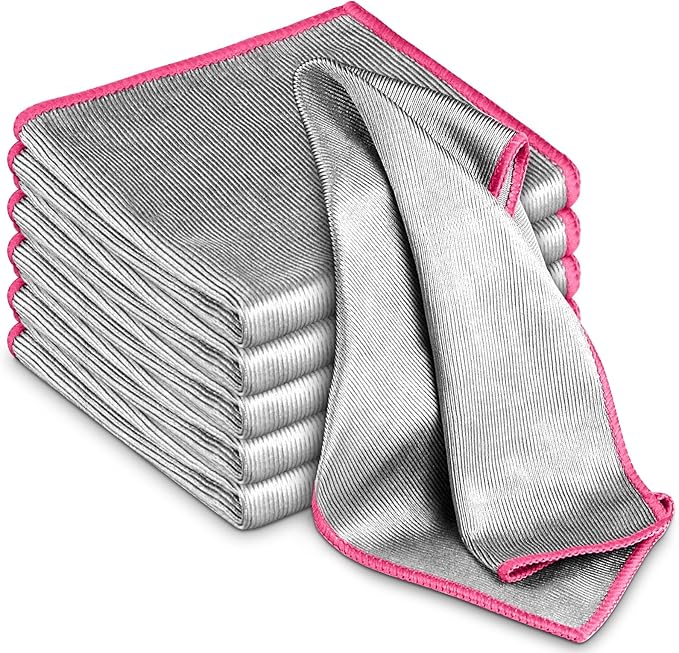 Airlab Glass Polishing Cloth Streak Free Miracle Cleaning Cloth Lint Free Microfiber Cleaning Rags for Glasses Kitchen Dish Mirrors Easy Clean, Pack of 6, 12" x 12", Sliver-Pink
