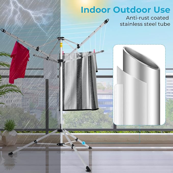 JS HANGER Drying Natural Clothes Airer Outdoor Portable 4-arm Aluminum Drying Rack w/Ground Stake, Carry Bag, 28-Lines with 65 ft. Umbrella Clothesline
