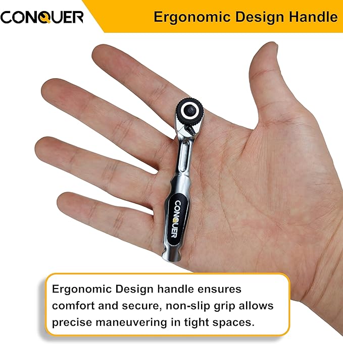 CONQUER 22pc Mini Ratchet Screwdriver Set, 1/4" Right Angle Phillips Kit | 72-tooth gear, 5° swing, 48 ft-lbs torque, Cr-V/S2 steel, spin disk, quick-release bits, EVA tray, EDC tight-space tool