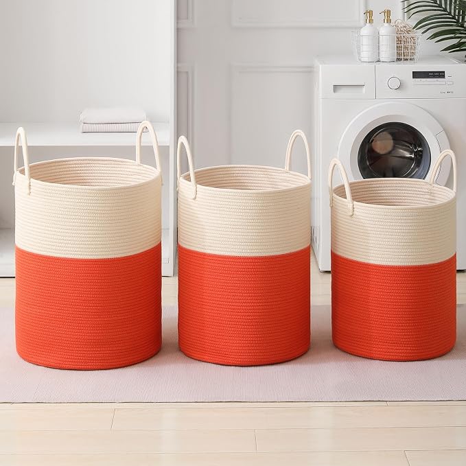 Woven Laundry Hamper Tall Rope Storage Basket for Blanket oys Dirty Clothes in Living Room Bathroom Bedroom (White&Orange, 100L/26.4Gal)