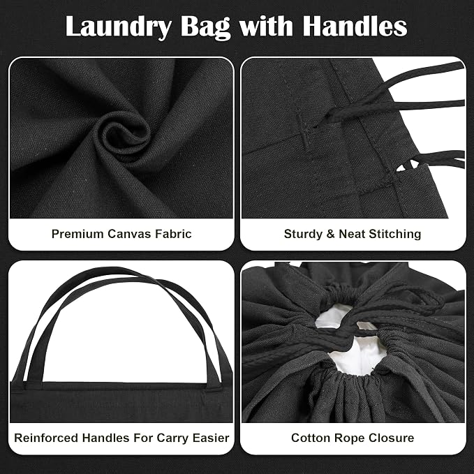 Canvas Laundry Bags with Handles & Square Base 13.8"Wx13.8"Dx27.6"H, Black | Large Heavy Duty Laundry Hamper Bag, Washable Drawstring Dirty Clothes Sack for College Dorm, Home Storage