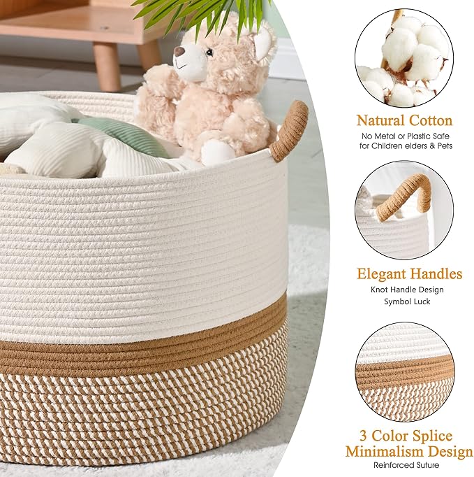 KAKAMAY Large Blanket Basket (20"x13"),Woven Baskets for storage Baby Laundry Hamper, Cotton Rope Blanket Basket for Living Room, Laundry, Nursery, Pillows, Baby Toy chest (White/Brown)