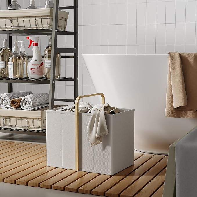 Collapsible Laundry Baskets with Handles 65L Portable Bamboo Laundry Hamper Oxford Fabric Foldable Laundry Bin Portable Cloth Baskets for Storage for Laundry Room Bedroom Living Room White