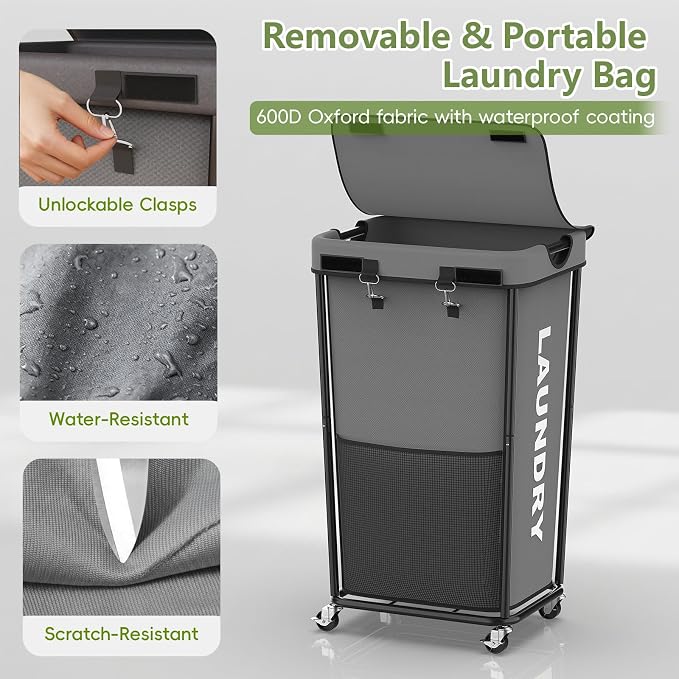 Laundry Hamper with Wheels and Lid, 110L Large Rolling Laundry Basket Gray | Heavy Duty Clothes Organizer, Sturdy Metal Frame, Lockable Swivel Casters, Removable Bag, For Bedroom, Bathroom, Laundry Room