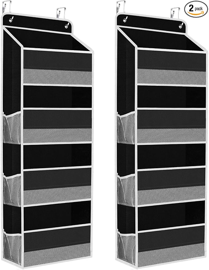 SpaceHacks 2 Pack Over The Door Organizer, Hanging Storage Organizer with Clear Window, 40lb Ultra Sturdy Large Capacity Room Organizer for Pantry Laundry Bathroom Nursery Closet (Black)