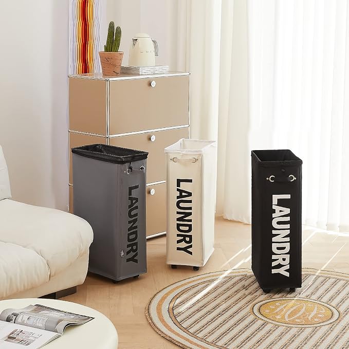 DOKEHOM 29" Enlarged Slim Rolling Laundry Basket Hamper on Wheels, Black | Collapsible tall laundry hamper with removable mesh wash bag. Foldable narrow corner clothes storage bin for small spaces
