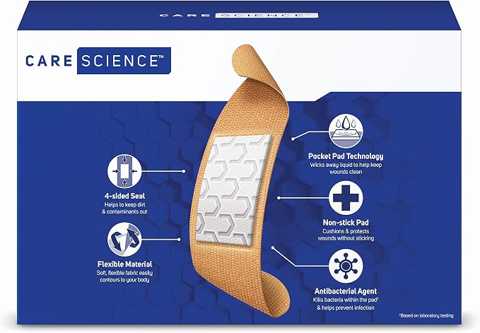 Care Science Fabric Adhesive Bandages, Assorted Sizes, 200 Count | Flexible + Breathable Protection for First Aid and Wound Care.