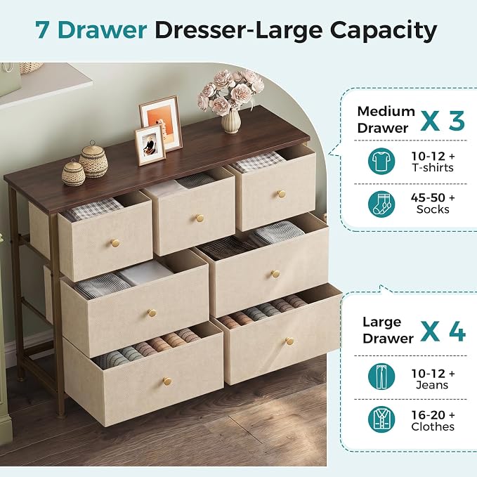 OLIXIS 7 Drawer Closet Organizer, Storage Tower with Sturdy Steel Frame | Dresser for Bedroom, Wooden Top & Easy Pull Fabric Bins, Clothes Organization, Living Room Entryway, Khaki