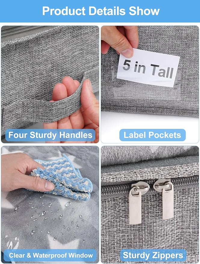 punemi 5 inch High Soft Fabric Low Profile Under Bed Storage, 2 Pack, Grey | Thin Clothes Storage Containers with 3 Handles & Clear Lid, Ideal for Bedding & Blankets, Fits Under Cribs, Sofas & Dorm Beds