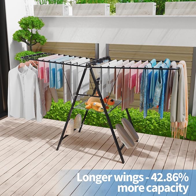 APEXCHASER 6 Height Adjustable Clothes Drying Rack with Shoe Slots, Black | Pre-Assembled, Stable Load Structure, 22 Drying Rails, Foldable Space-Saving For Efficient Indoor & Outdoor Airflow Drying