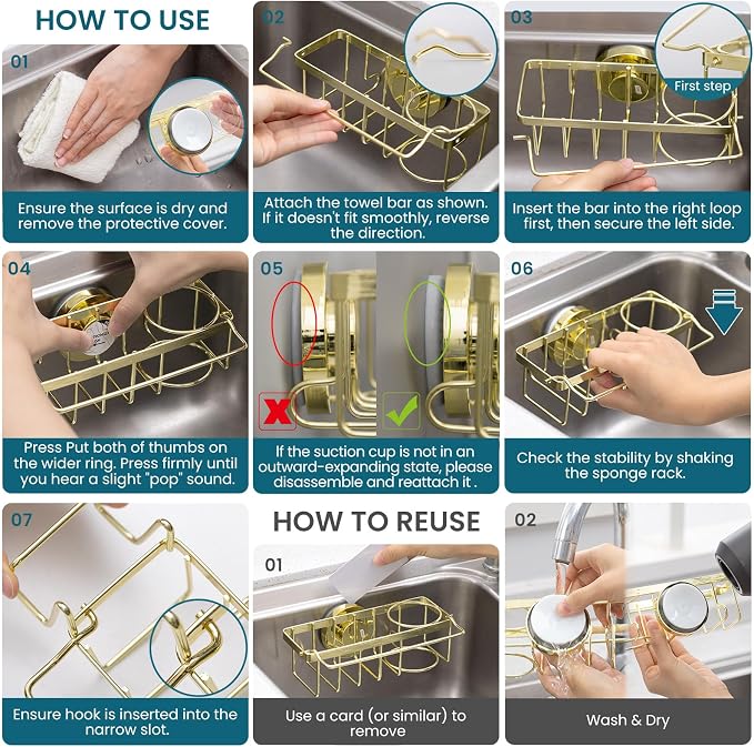 TAILI 4-in-1 Sink Caddy with Strong Suction Cup, Sponge Holder for Kitchen Sink Organizer, Removable, Rustproof, Stainless Steel Holder for Sponge, Brush, Scrubber, Scraper - Gold