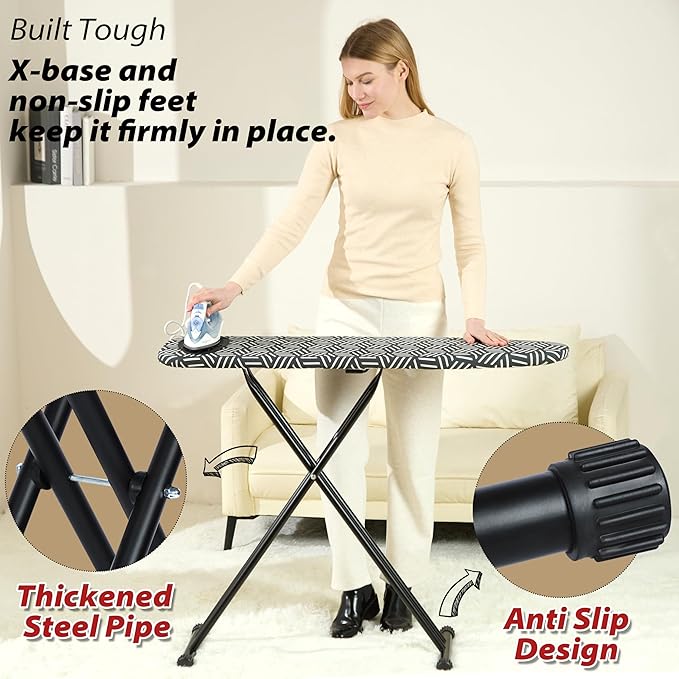 caius Ironing Board with Extra Thick Heavy Duty Padded Cover, Full Size Iron Board, Full Metal Construction, Easy to Fold, Adjustable Height (43x13in Black)