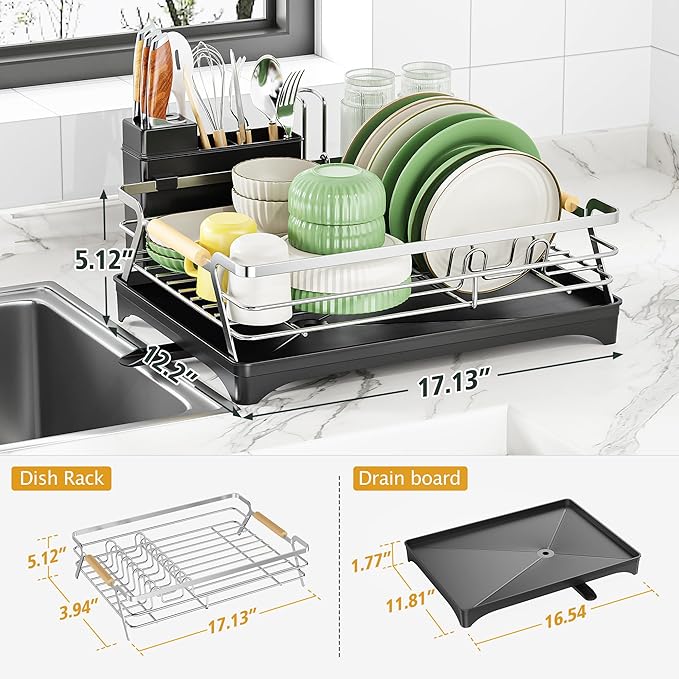 Epicano Dish Drying Rack for Kitchen Counter,Large Capacity,Silver | Raised Feet,Rustproof,Wooden Handle,Auto-Drainage System,Cup Holder & Knife Slots, Sink Storage Organizer