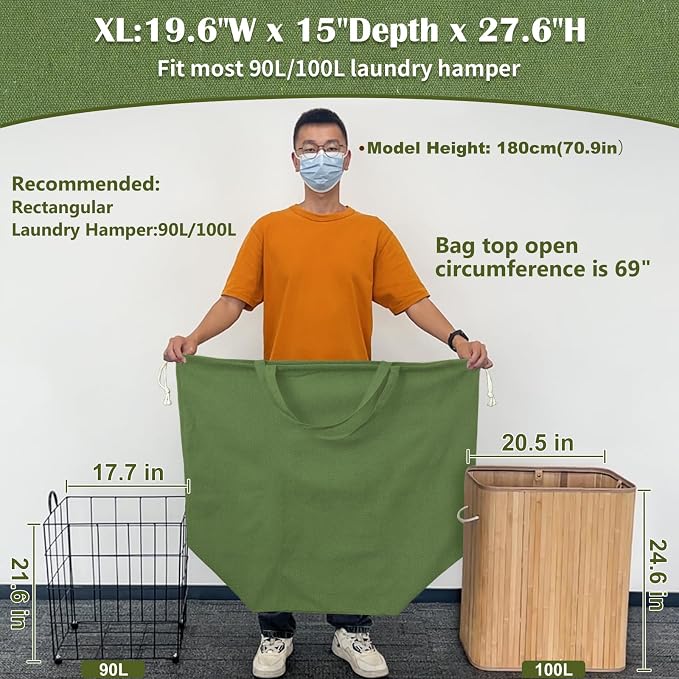Canvas Laundry Bags with Handles & Rectangular Base, 20"Wx15"Dx27.6"H Green | Extra Large Heavy Duty Laundry Basket Hamper Liner Replacement, Washable Drawstring Dirty Clothes Bag, Canvas Storage Sack