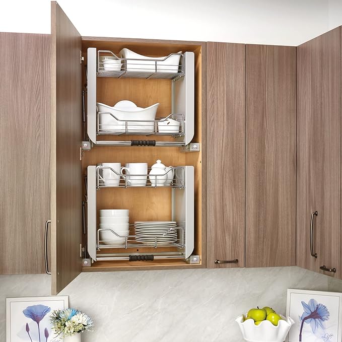 Rev-A-Shelf 24" Pull Down Heavy Duty Shelf Organizer for Tall Kitchen/ Bathroom Cabinets, Dual Tier Wall Mounted Pantry Storage, Chrome, 5PD-24CRN