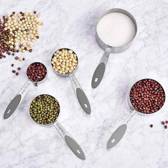 Wildone Stainless Measuring Cups and Spoons Set with Silicone Handle, 16pcs | 8 Measuring Cups and 8 Measuring Spoons, Nesting Design, Heavy Duty for Measuring Dry/Liquid Ingredients, Gray