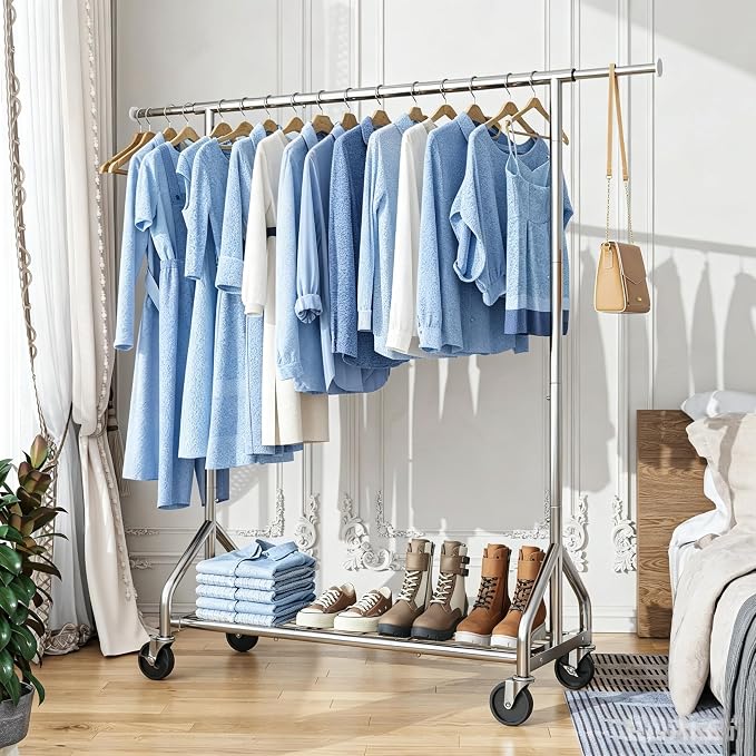 Simple Trending Heavy Duty Clothes Rack Load 450 LBS, Clothing Rack for Hanging Clothes, Garment Rack with Wheels & Shelves, for the Bedroom, Laundry Room