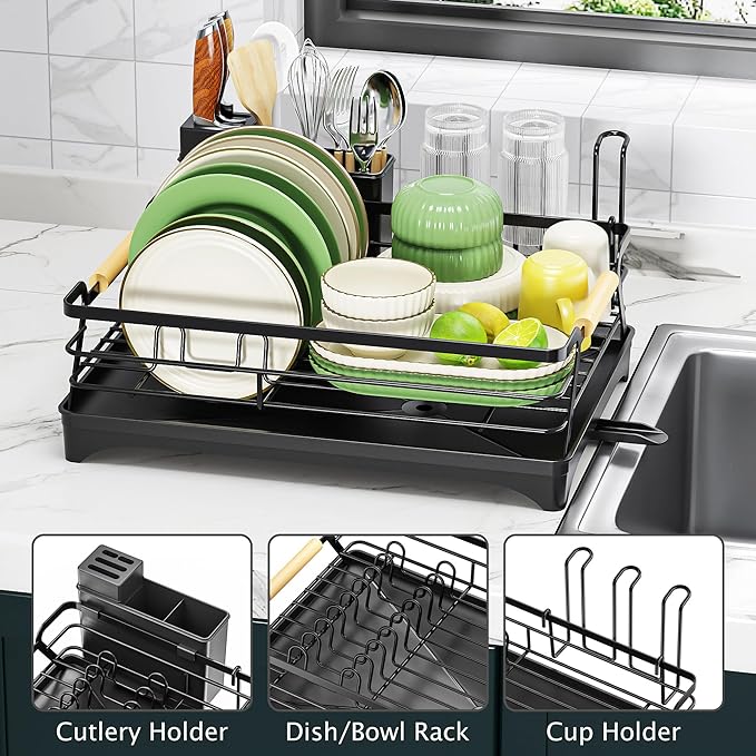 Epicano Dish Drying Rack for Kitchen Counter,Black,Large Capacity | Raised Feet,Rustproof,Wooden Handle,Auto-Drainage System,Cup Holder & Knife Slots, Sink Storage Organizer