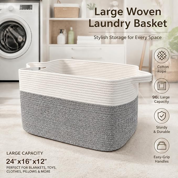 96L Laundry Basket with Handles, Extra Blanket Basket, White/Grey | 24"×16"×15" Collapsible Cotton Rope Storage Basket for Toys Clothes & Pillows, Nursery, Bathroom, Bedroom, Living Room
