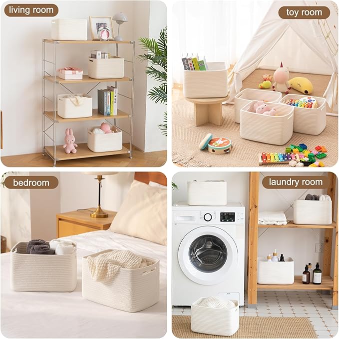 OIASKET Storage Baskets for Organizing, Woven Decorative Baskets for Shelves - Books, Towels, and Clothes, Cotton Rope Toy Storage Bins, 12.7''Lx9''Wx7.8''H, Pack of 4, White