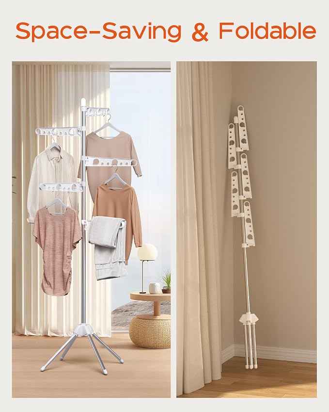 CASAMAYA Clothes Drying Rack Foldable, 70.9 inch Tripod Drying Rack for 35 Pieces of Clothes, with Height-Adjustable Rotatable Clothes Rails, Space Saving, Stainless Steel, White and Silver CDR005W01