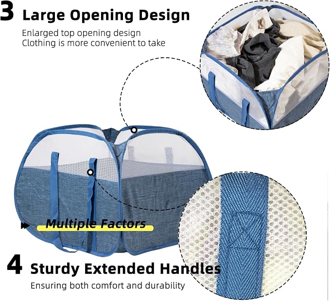 Collapsible Laundry Basket, 90L Tear Proof Mesh Pop-up Hamper | Foldable Storage Clothes Bag with Reinforced Handles for Laundry, Bathroom, Dorm, Travel, Camping, Space-saving, Blue