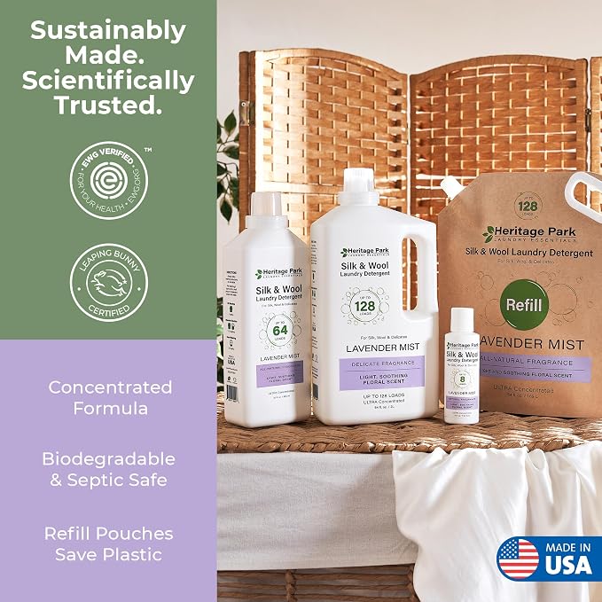 Heritage Park Silk & Wool Delicates Detergent - Lavender Mist - 32 fl oz | EWG Verified & EPA Safer Choice - Enzyme-Free Liquid Detergent - Hypoallergenic, Dermatologist Tested, Gentle on Silk & Wool