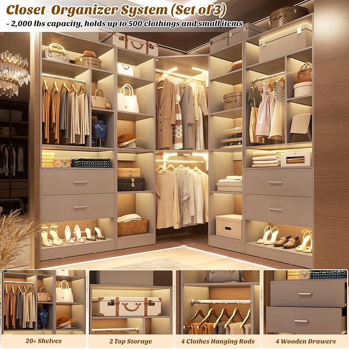 Besiost Large Corner Closet System with 3 Sets, 87.2" Closet Organizer System with 4 Drawers & 4 Hanging Rods, Reversible L Shaped Walk-in Closets, Load 2000+LBS, Grey (87.2" L x 39.2" W x 80" H)