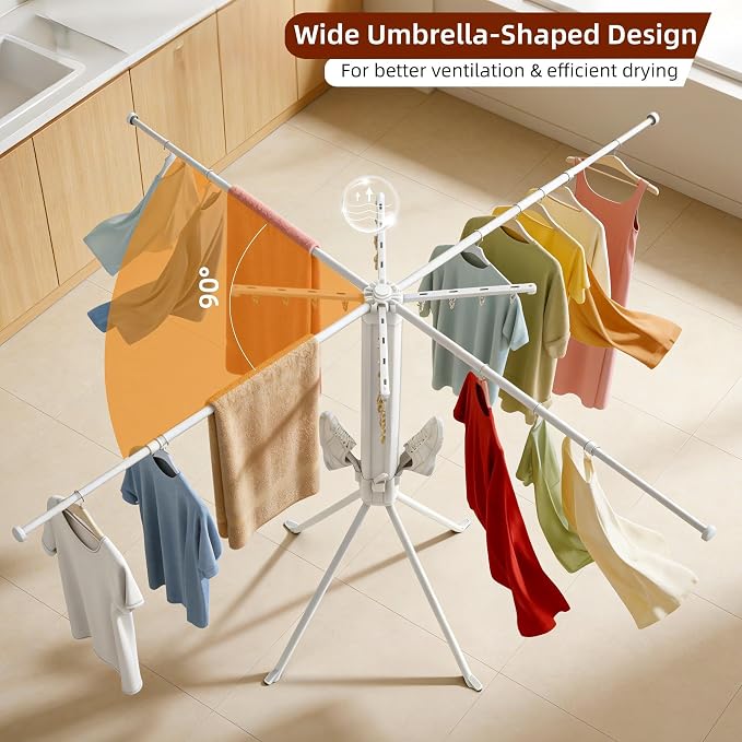 Clothes Drying Rack Foldable, 4-Leg Base, 16 Clips, 4 Shoe Holders | Holds Up To 88 lbs, Rust-Resistant, Quick Fold, Fits 90°/180°/270° Corners, Independently Extendable Rods