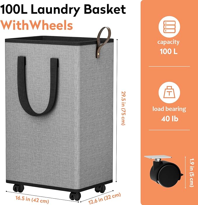 SpaceTrove Rolling Laundry Basket with Wheels, Laundry Hamper, 100L, Grey | Collapsible, 4 detachable wheels including 2 with brakes, sturdy handle, metal frame, for dorms, bathrooms and bedrooms