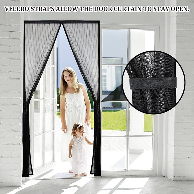 Magnetic Screen Door - Self Sealing, Heavy Duty, Hands Free Mesh Partition Keeps Bugs Out Let Breeze in- Pet and Kid Friendly - Keep Open Feature (Black, Fit Door Size 32x 82 Inch)