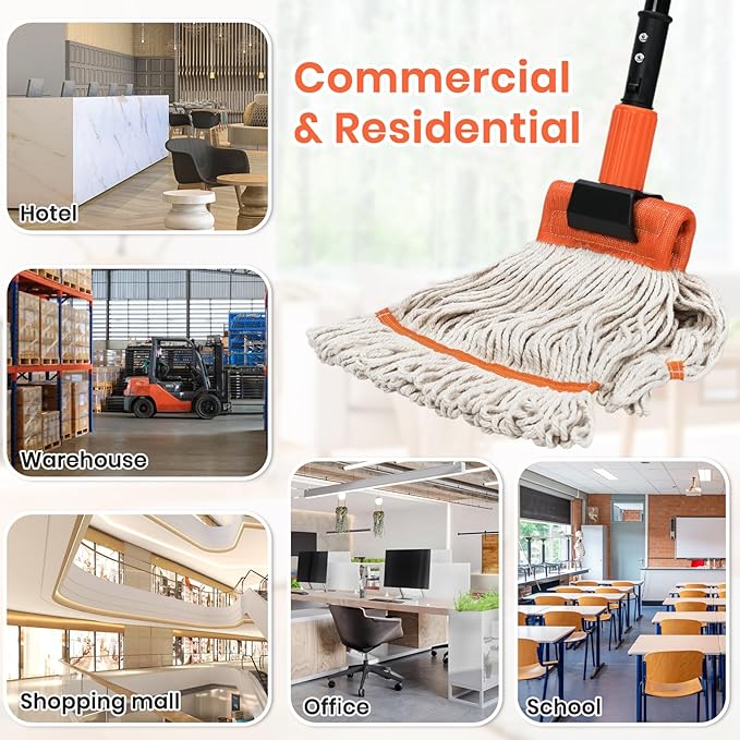 Commercial Mop, 58" Heavy Duty Industrial Mops for Floor Cleaning, String Cotton Mops Wet Mop Professional Janitor Mop for Home,Garage,Office, Workshop, Warehouse-Safety Orange