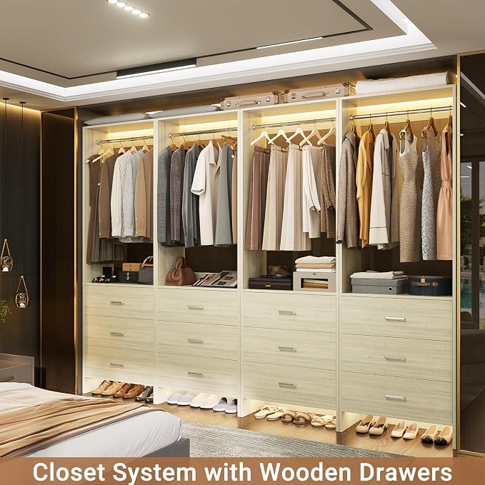 Aheaplus Closet System Closet Organizer, Wood Closet Organizer System, Walk-in Closet or Small Closets Wardrobe, Clothes Rack with Hanging Rods, 8FT Closets, Set of 4, -D1, White Oak