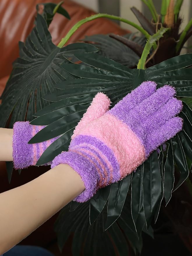 Patelai 3 Pairs Microfiber Plant Dusting Gloves Leaf Cleaning Gloves for Indoor Plants, Blinds, Furniture, House (White,Pink,Purple,Rose Red,Medium)