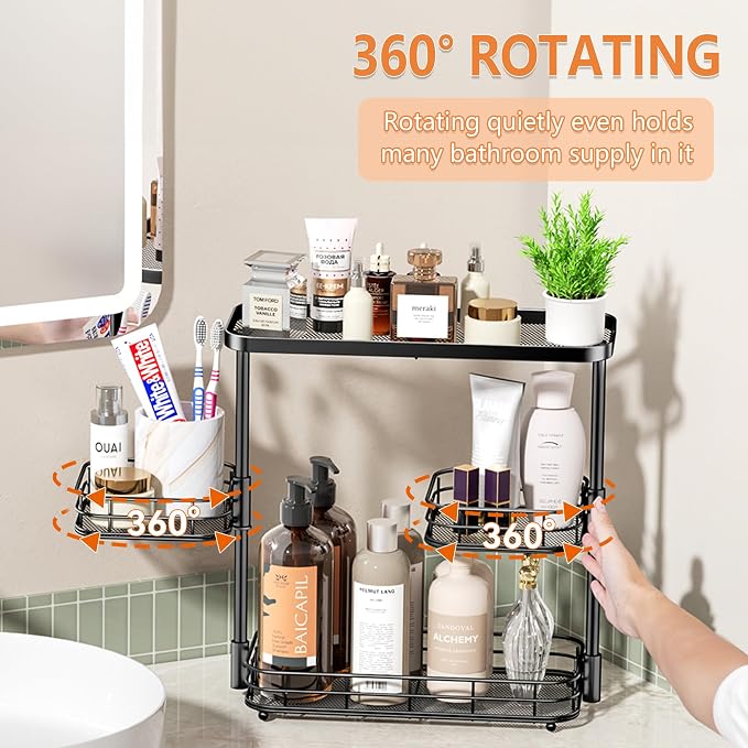 VITVITI 3 Tier Bathroom Organizer Countertop, Metal Wire Bathroom Counter Vanity Organizer Storage, Mesh Bath Room Sink Kitchen Shelf Rack with 360 Rotating Basket, Black