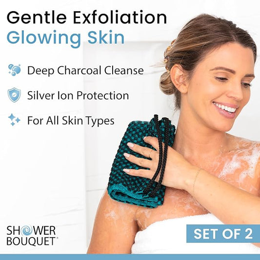 Japanese Exfoliating Washcloth for Back & Body 2-Pack - Charcoal & Silver Ion Exfoliating Towel with Handles - Two-Sided Gentle Exfoliation & Deep Cleanse Body Wash Cloths for Shower - 1 Blue, 1 Green