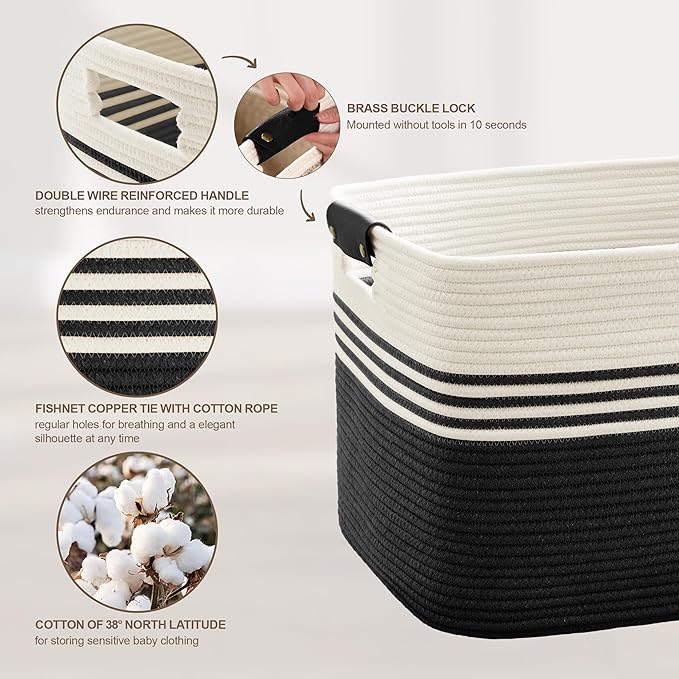 100L Large Woven Laundry Basket Hamper with Leather Handles,Black | collapsible wicker hamper, storage for dirty clothes, toys, blankets, gifts, living room, bedroom, bathroom, 24"x16"x16"