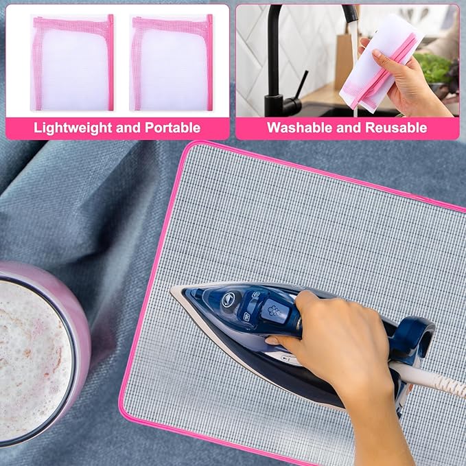 2 Pack Pressing Cloth for Ironing,15.7 × 23.6 Inch Mesh Cloth Ironing Pad Ironing Cloth to Protect Clothes, Scorch-Saving Insulation Press Cloth for Ironing (Pink)