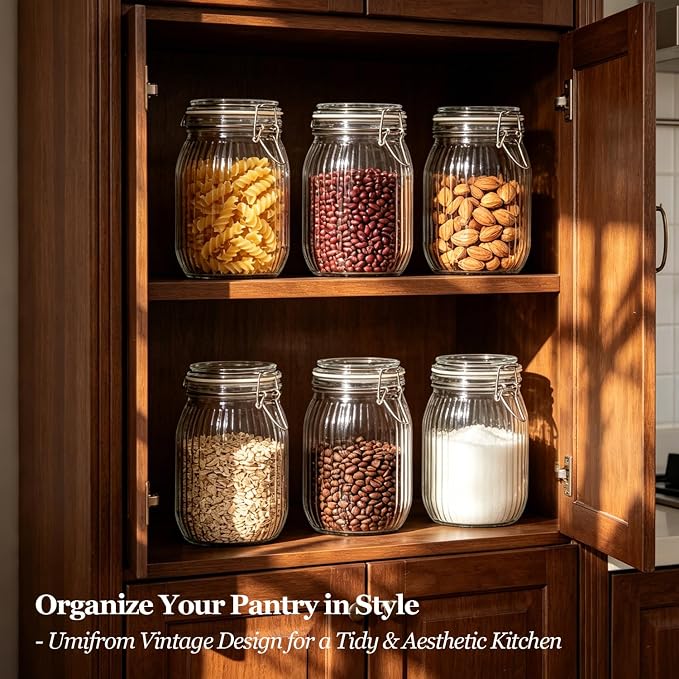 ComSaf Ribbed Glass Pantry Jars with Airtight Lids 34 oz 3 Pack Coffee | Flour sugar coffee beans, Fermenting pickling, Farmhouse pantry decor, Kitchen storage, Dry food storage, Sourdough starter