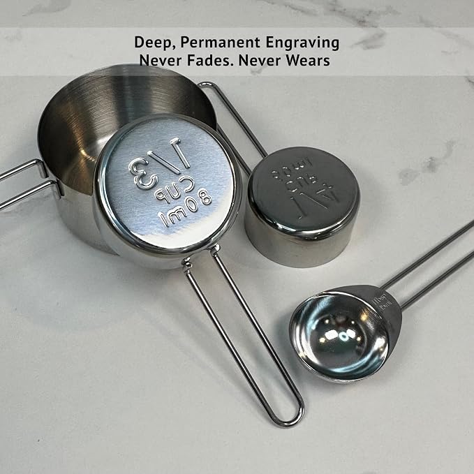 Silver Stainless Steel Measuring Cups and Spoons Set, 8 Piece, Engraved Measurements, Durable Nesting Kitchen Set