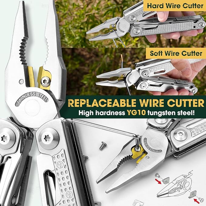 Multper Multitool Pliers with Damascus Knife & Large Scissors,Screwdriver | EDC Multi tool with Replaceable Wire Cutters, Sheath, Bottle Opener, Ideal for Camping,Survival, Repair, Gifts for Men