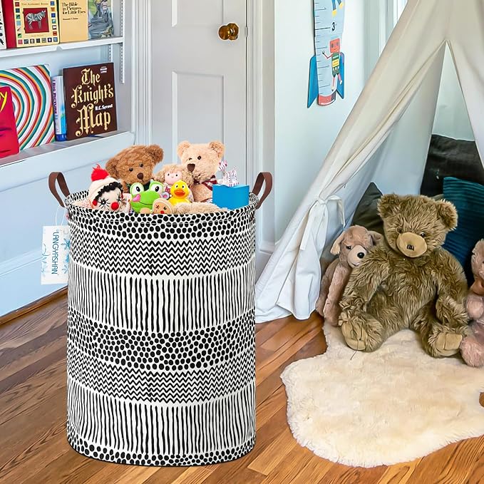 Round Laundry Basket Collapsible Storage Hamper Organizer Black Line | Waterproof Canvas Foldable Baskets with sturdy Handles Multi-scene Organizer for Home Play Bedroom Gift Bin