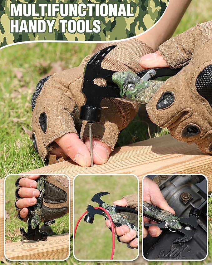 WORKPRO 12 in 1 Camping Tools with Mini Hammer | EDC Gear Multi Tools Hammer with Safety Lock and Pouch-Mini Multitools Gifts for Men and Women-Camouflage