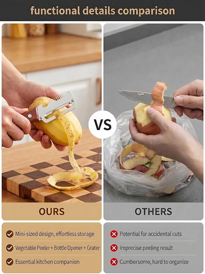 3 in 1 Multifunction Vegetable Peeler + Bottle Opener + Grater with Wooden Handle, Stainless Steel Hand Held Peeler for Potato, Pumpkin, Carrot, Fruit and Vegetable Peeler for Kitchen 2 Pcs