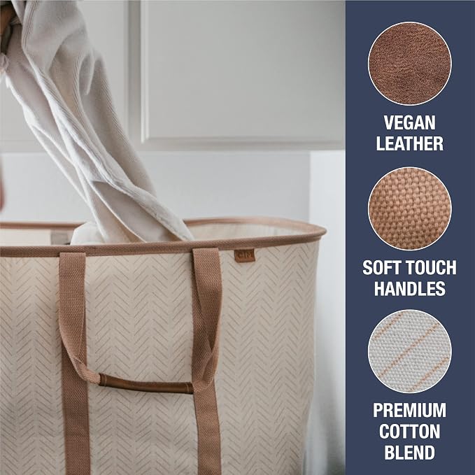 CleverMade LUXE Collapsible Laundry Tote, 50L, 2 Pack, Mocha | Cotton-blend fabric and vegan leather accents add a polished look. Long handles balance 55 lb loads, and the tote folds flat.