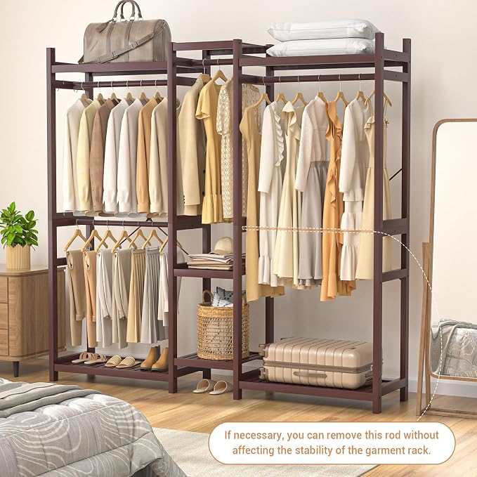 Homykic Bamboo Closet System Clothes Rack, Large Freestanding Garment Rack Clothing Rack for Hanging Clothes with 7 Storage Shelves and 5 Rods, Open Wardrobe Organizer with 4 Hooks, Espresso