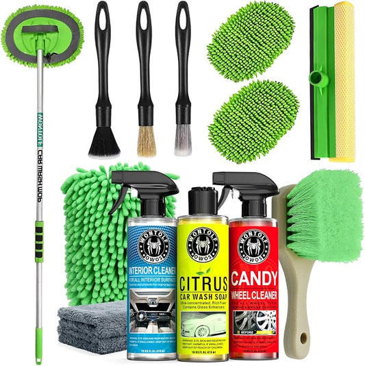 Wontolf 17pc Car Wash Kit, Car Cleaning Kit with Car Wash Brush Long Handle, Car Wash Soap, Interior Cleaner, Wheel Cleaner, Window Squeegee, Car Interior Detailing Kit for Cars Trucks RVs SUVs