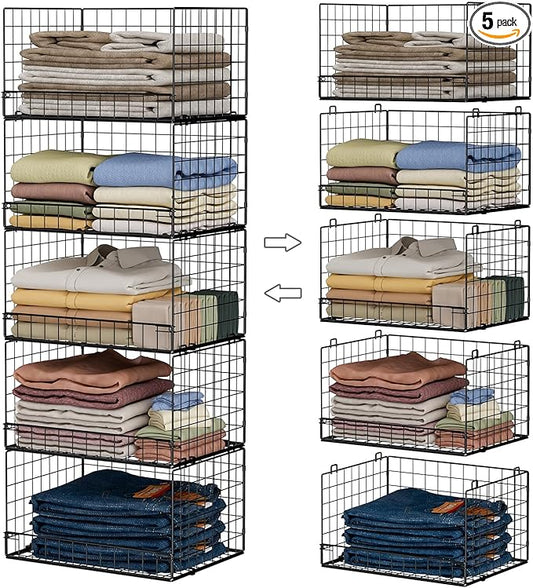 Yociyoga 5-Tier Stackable Closet Organizers and Storage Shelves, Closet Shelf Organizer Basket Bins, Foldable Sweater Storage for Closet Organizer System, Black(Patent 30022416)