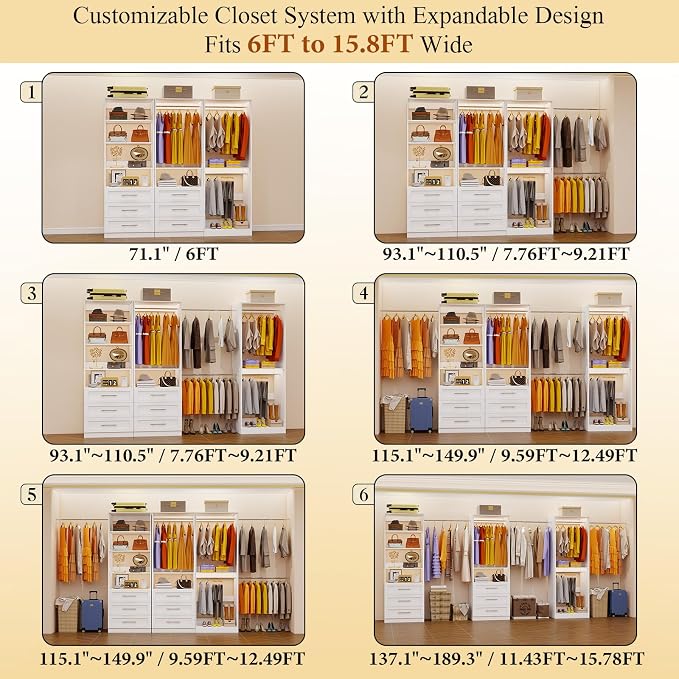 Closet System with 3 Sets, 6-16FT Closet Organizer System with 6 Drawers & 5 Shelves & 6Hanging Rods, Custom L-Shaped Walk in Closet Organizers and Storage System, Modular Closet Shelving System,White